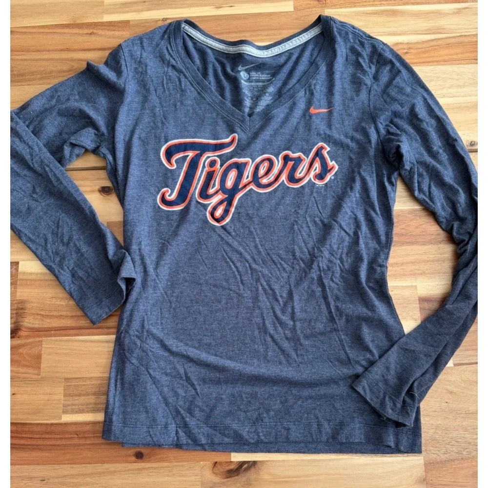 Nike Detroit Tigers  Womens Long Sleeve V-Neck T-Shirt Heathered Navy large